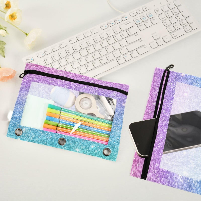 Kcldeci Pencil Pouch for 3 Ring Binder  Pink Blue Glitter Binder Pouches with Zipper Bulk  Pen Holder Case with Clear Window School Class Office Organizers  2Pack - Image 4